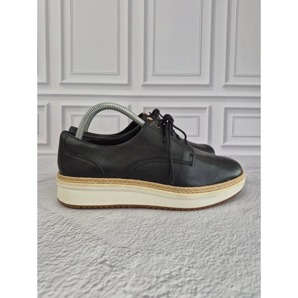 Clarks Womens Teadale Black Leather Platform Oxford Wedge Jute Trim Size 9.5 M